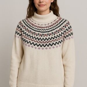 L.L. Bean Women’s Sz XL 100% Cotton Ragg Funnel Neck Fair Isle Sweater Outdoor